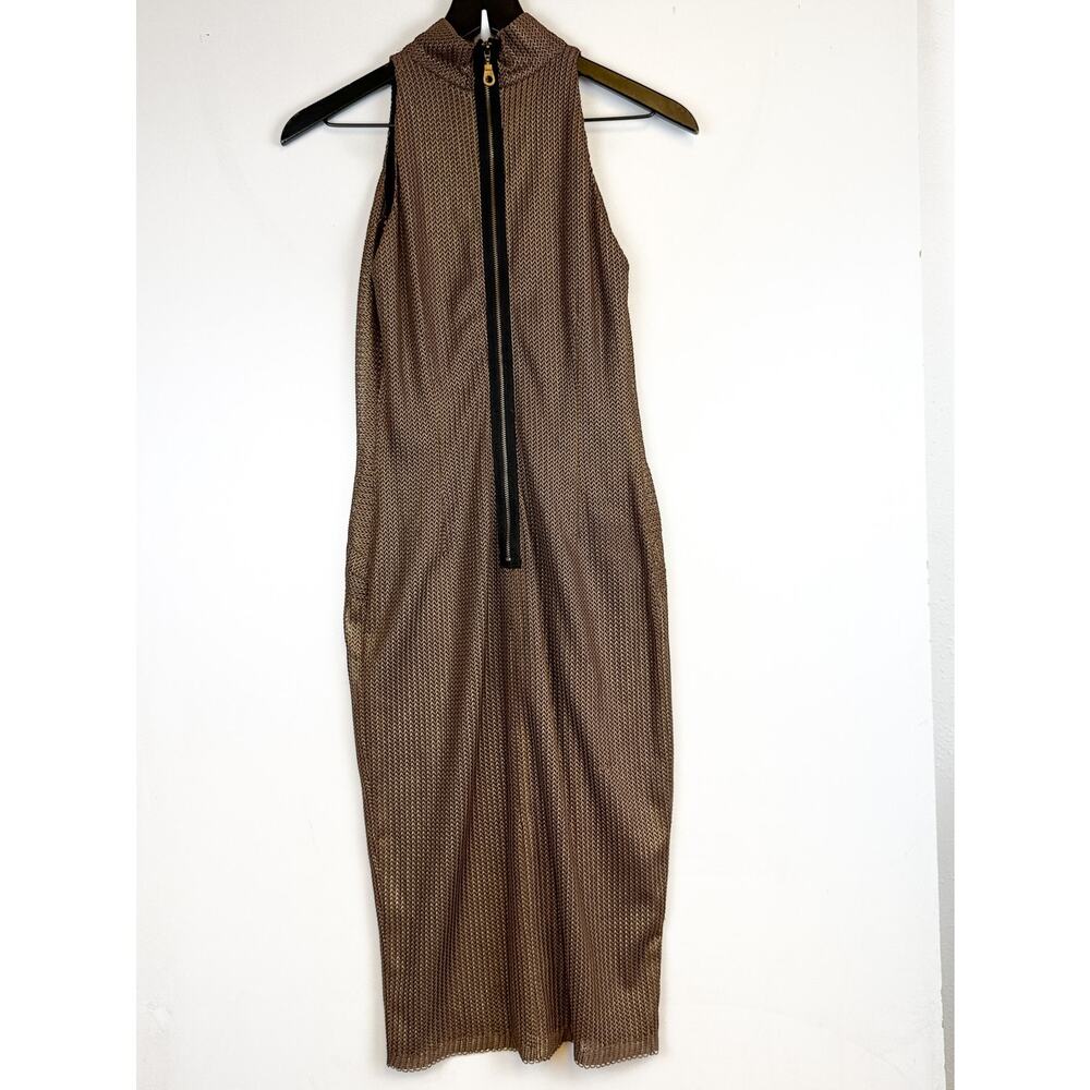 Kevan Hall Brown Copper Mock Neck Midi Sheath Dress Cocktail - 2 - Picture 4 of 9